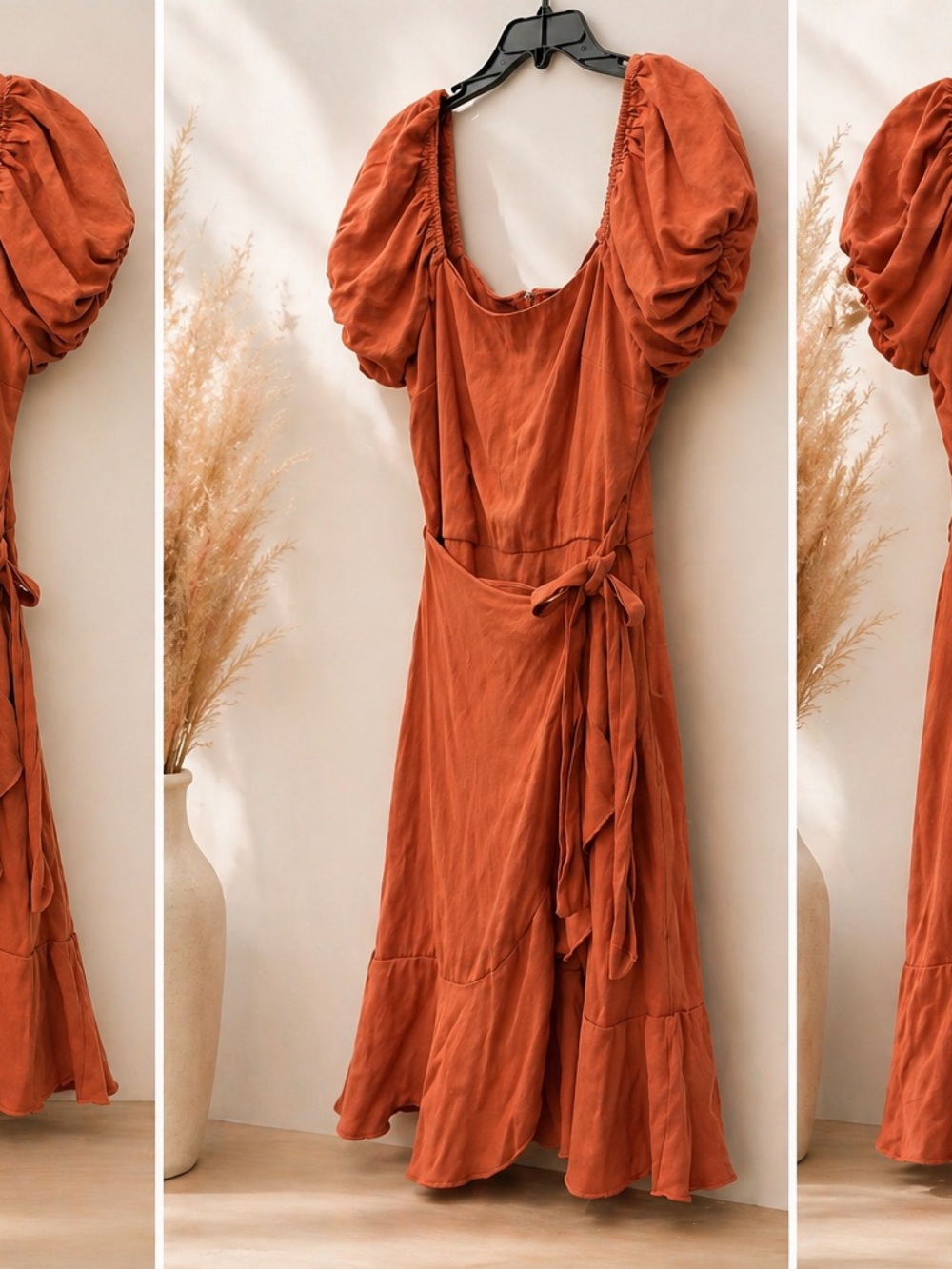 Rust Puff-Sleeve Wrap Midi Dress - Women